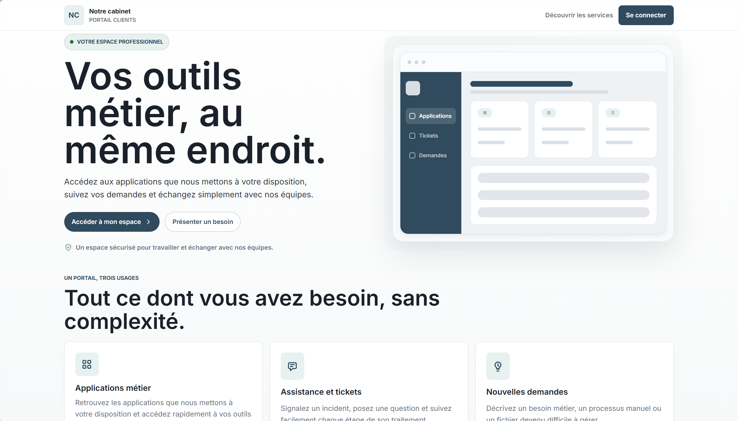 Aper&ccedil;u d&rsquo;un portail applicatif personnalis&eacute; aux couleurs d&rsquo;un cabinet partenaire